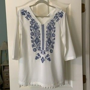 Stitch Fix Boho size Small tunic blue embroidery 3/4 sleeves tassel hem